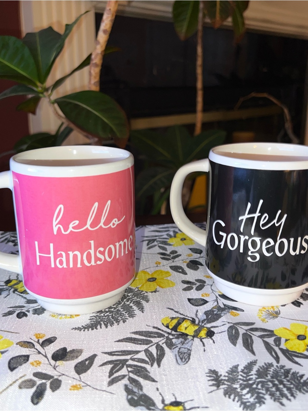 Hello Handsome and Hey Gorgeous Pink/White and Black/White Ceramic Mug Set